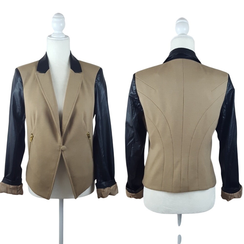 WD NY Women's Tan‎ Faux Leather Sleeve Blazer Jacket Size S NEW